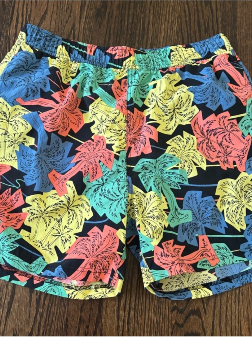 Saxx Men's Black Tropical Swim Trunks with Yellow, Coral, Teal & Blue Palm Print